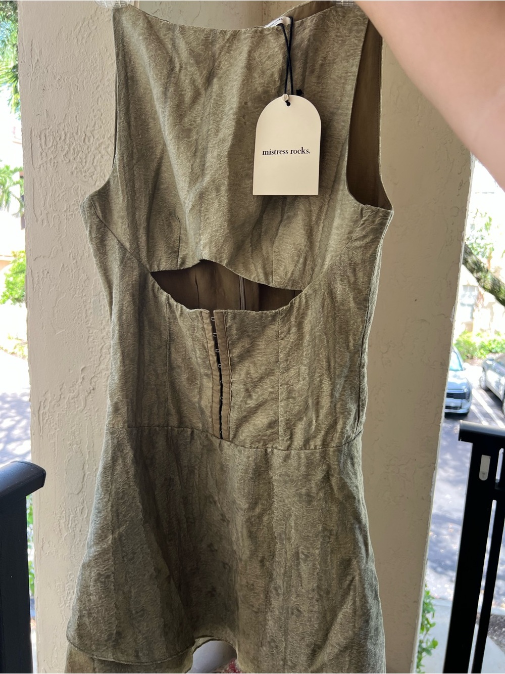Mistress Rocks Printed Khaki Cutout corset Mini Dress - Picture 5 of 7